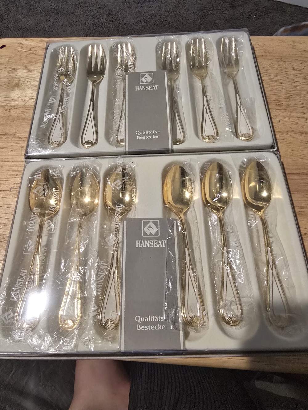 Vintage HANSEAT 24-karat gold-plated dessert spoons and forks, set of 6